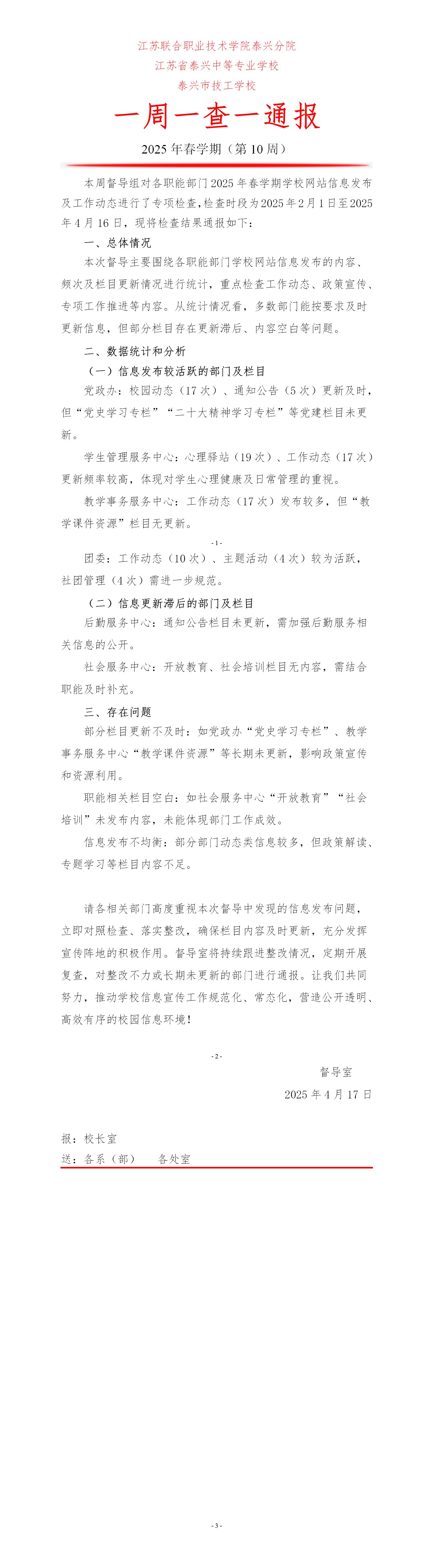 一周一查一通報 2025年春學期（第10周）